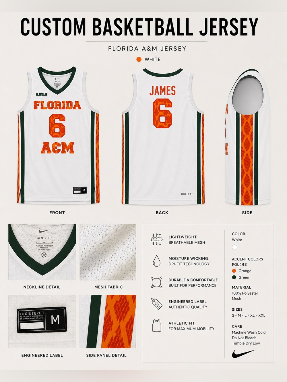 Nike White Jersey with Orange Accents and Green Trim